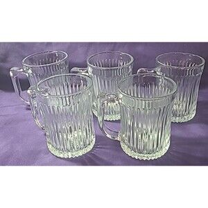 VTG. SET OF 5 ROYAL CREST BY GIBSON CUP RIBBED CLEAR GLASS MUG 4"